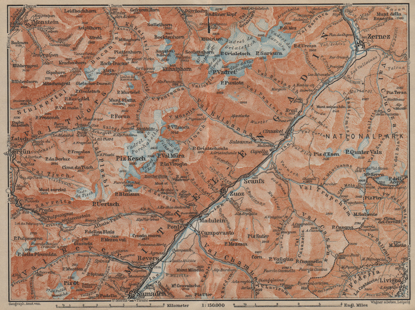 MIDDLE ENGADINE VALLEY. Samedan-Zernez. Zuoz Livigno Albula Alps 1920 old map